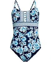 Lands' End Women's Long Lace Up One Piece Swimsuit