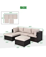 Gymax 5PCS Rattan Patio Conversation Set Outdoor Furniture Set w/ Ottoman Cushion