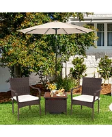 Gymax 3PCS Outdoor Patio Bistro Set Pe Rattan Conversation Set w/ Umbrella Hole