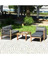 Gymax 3PCS Patio Acacia Wood Sofa Furniture Set Thick Cushion W/ Nylon Rope Armrest