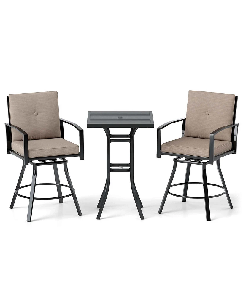 3 Pcs Patio Swivel Bar Set Table and Chairs Set with Soft Cushions & Umbrella Hole