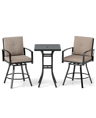 3 Pcs Patio Swivel Bar Set Table and Chairs Set with Soft Cushions & Umbrella Hole