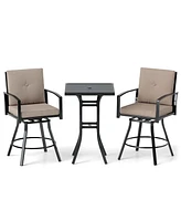 3 Pcs Patio Swivel Bar Set Table and Chairs Set with Soft Cushions & Umbrella Hole
