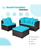 Gymax 4PCS Rattan Patio Conversation Furniture Set Yard Outdoor w/ Turquoise Cushion