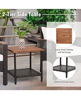 Gymax 3PCS Patio Conversation Furniture Set Pe Rattan Sofa Set W/Wood Top Table