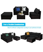 Gymax 5PCS Rattan Patio Conversation Set Outdoor Furniture Set w/ Black Cushions