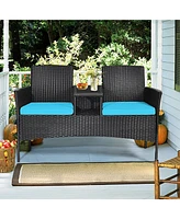Gymax Rattan Wicker Patio Conversation Set w/ Table Turquoise Cushion