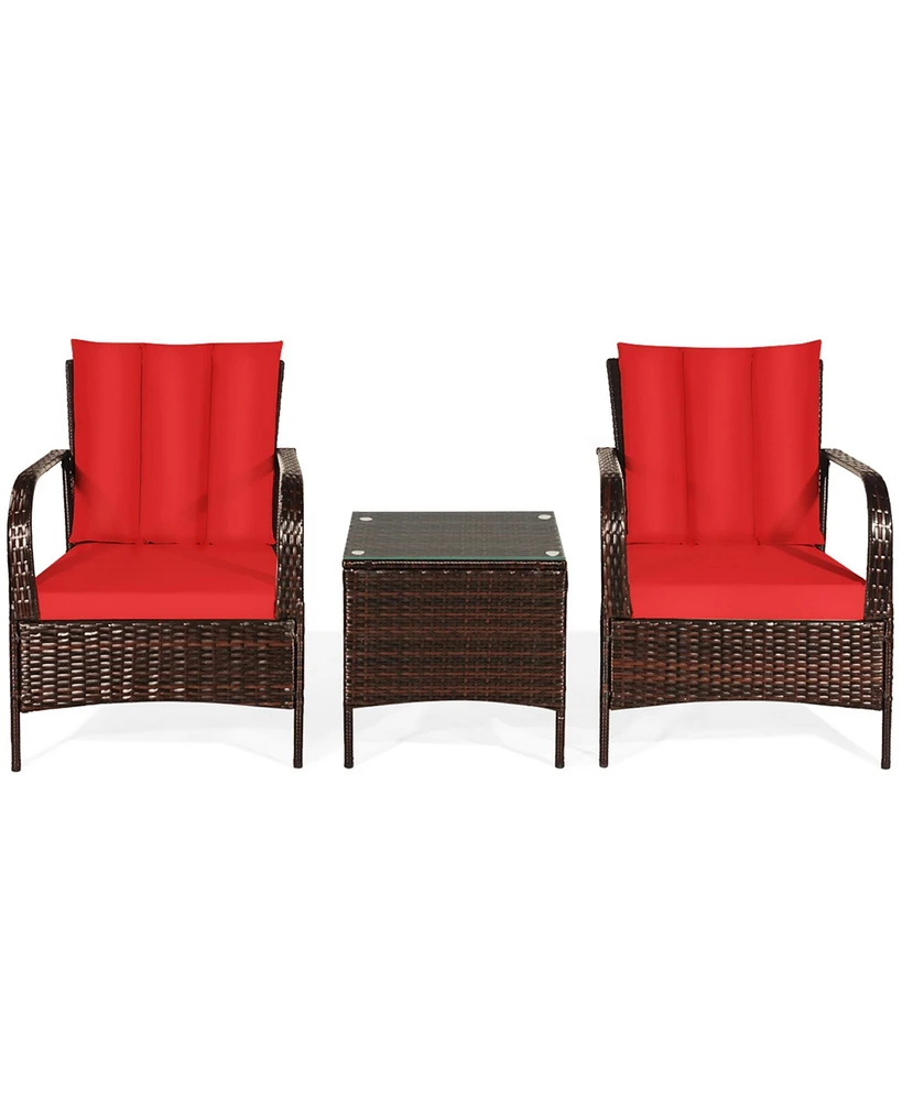 Gymax 3PCS Patio Outdoor Rattan Conversation Set Furniture Set w/ Table Cushions
