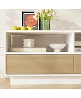 Tv stand with three compartments and three draws, wooden media consoles in white and wood colours, multi-purpose entertainment center