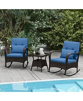 Gymax 3 Piece Outdoor Rocking Set Rattan Rocker Chairs w/ Tempered Glass Coffee Table