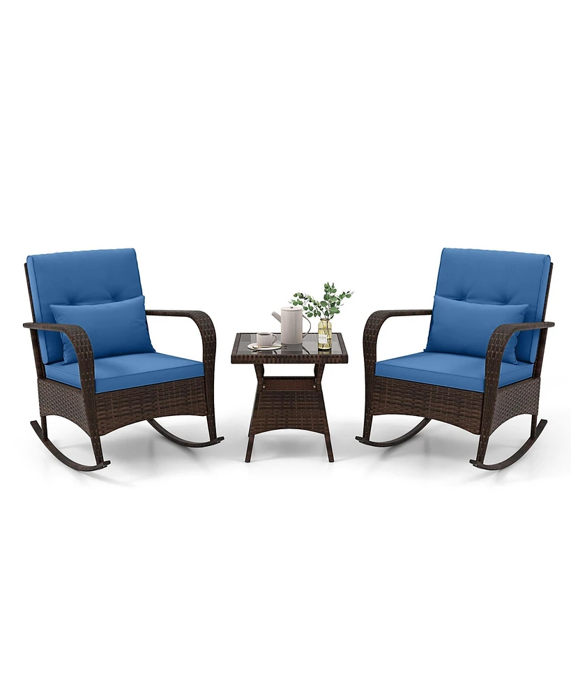 Gymax 3 Piece Outdoor Rocking Set Rattan Rocker Chairs w/ Tempered Glass Coffee Table