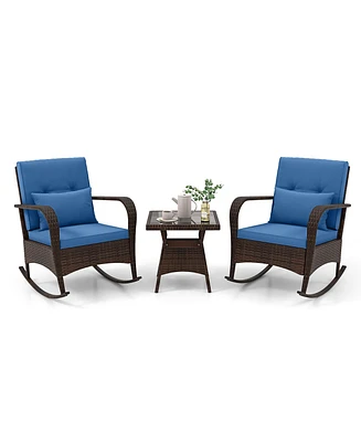 Gymax 3 Piece Outdoor Rocking Set Rattan Rocker Chairs w/ Tempered Glass Coffee Table