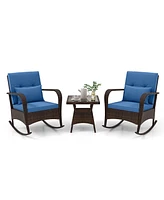 Gymax 3 Piece Outdoor Rocking Set Rattan Rocker Chairs w/ Tempered Glass Coffee Table