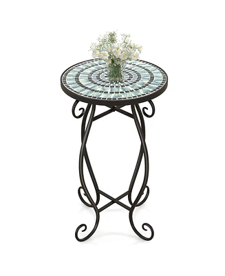 Small Plant Stand with Weather Resistant Ceramic Tile Tabletop