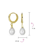 Bling Jewelry Classic Simple Yellow Gold Plated White Freshwater Cultured Pearl Pear Shape Teardrop Mini Hoop Huggie Drop Earrings