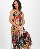 Robbie Bee Women's Printed Draped-Neck Asymmetric Dress
