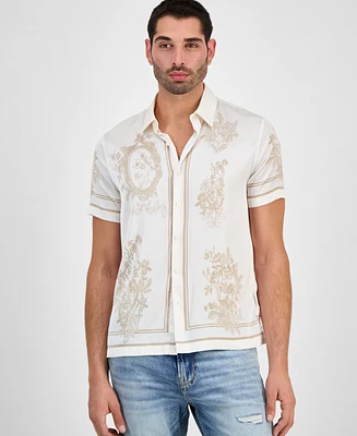 Guess Men's Floral Mirror Charm Short Sleeve Button-Front Shirt