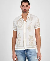 Guess Men's Floral Mirror Charm Short Sleeve Button-Front Shirt