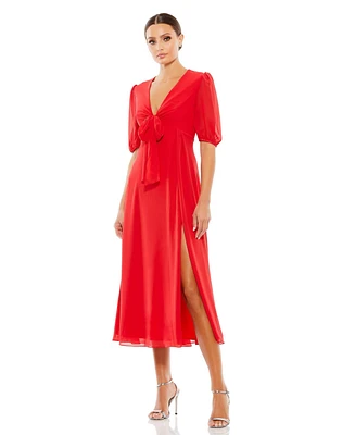 Mac Duggal Women's V Neck Bow Detail Flowy Midi Dress