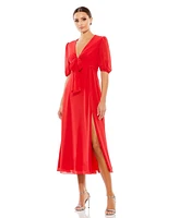 Mac Duggal Women's V Neck Bow Detail Flowy Midi Dress