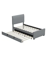 Twin Linen Platform Bed with Trundle, Padded Headboard, Grey