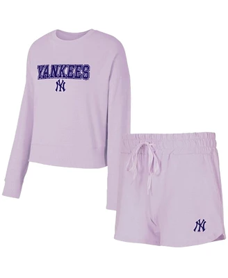 Concepts Sport Women's 3-Piece Lavender New York Yankees Elevation Tri-Blend Long Sleeve T-Shirt and Shorts Set