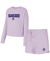 Concepts Sport Women's 3-Piece Lavender New York Yankees Elevation Tri-Blend Long Sleeve T-Shirt and Shorts Set