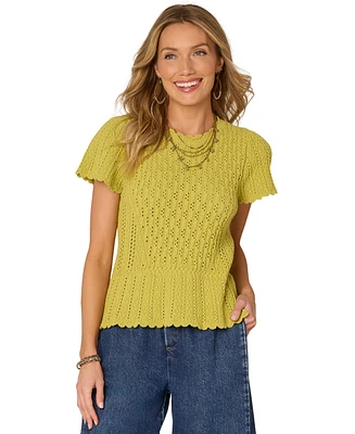 Democracy Petite Crochet Flounce-Sleeve Peplum Sweater