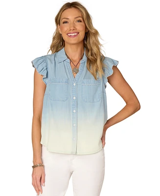 Democracy Petite Ombre Button-Front Flutter-Sleeve Top