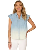 Democracy Petite Ombre Button-Front Flutter-Sleeve Top