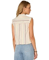 Democracy Petite Stripe Bubble-Hem Button-Front Top