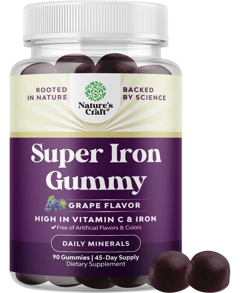 Iron Gummy | Chewable Iron Supplement for Women and Men | with Vitamin C for Higher Absorption | Grape Flavor | 90ct