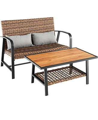 Gymax Set of 2 Rattan Loveseat Coffee Table Set w/ Padded Back Seat Pillow Patio