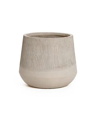 LuxenHome Blended Tan with Wood Pattern Round Tapered 11-Inch Tall MgO Planter, Indoor and Outdoor
