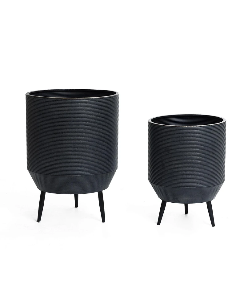 LuxenHome Set of 2 Black Round Metal Cachepot Planters with Tripod Legs