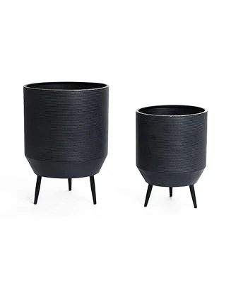 LuxenHome Set of 2 Black Round Metal Cachepot Planters with Tripod Legs