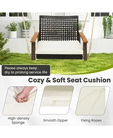 Single Rattan Porch Swing with Armrests Cushion and Hanging Ropes