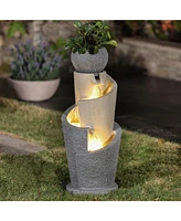 LuxenHome Gray Resin Cascading Spiral Outdoor Fountain with Led Lights