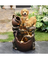 LuxenHome Puppy Friends Farmhouse Resin Outdoor Fountain with Lights