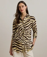 Lauren Ralph Petite Relaxed-Fit Zebra-Print Linen Shirt
