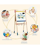 All-in-One Wooden Height Adjustable Kid's Art Easel with Magnetic Stickers and Paper