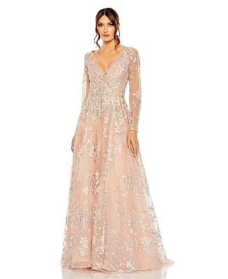 Mac Duggal Women's Embellished Wrap Over Illusion Long Sleeve A Line