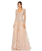 Mac Duggal Women's Embellished Wrap Over Illusion Long Sleeve A Line