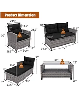 4 Pieces Patio Rattan Sofa Furniture Set with Cushion and 2-Tier Coffee Table