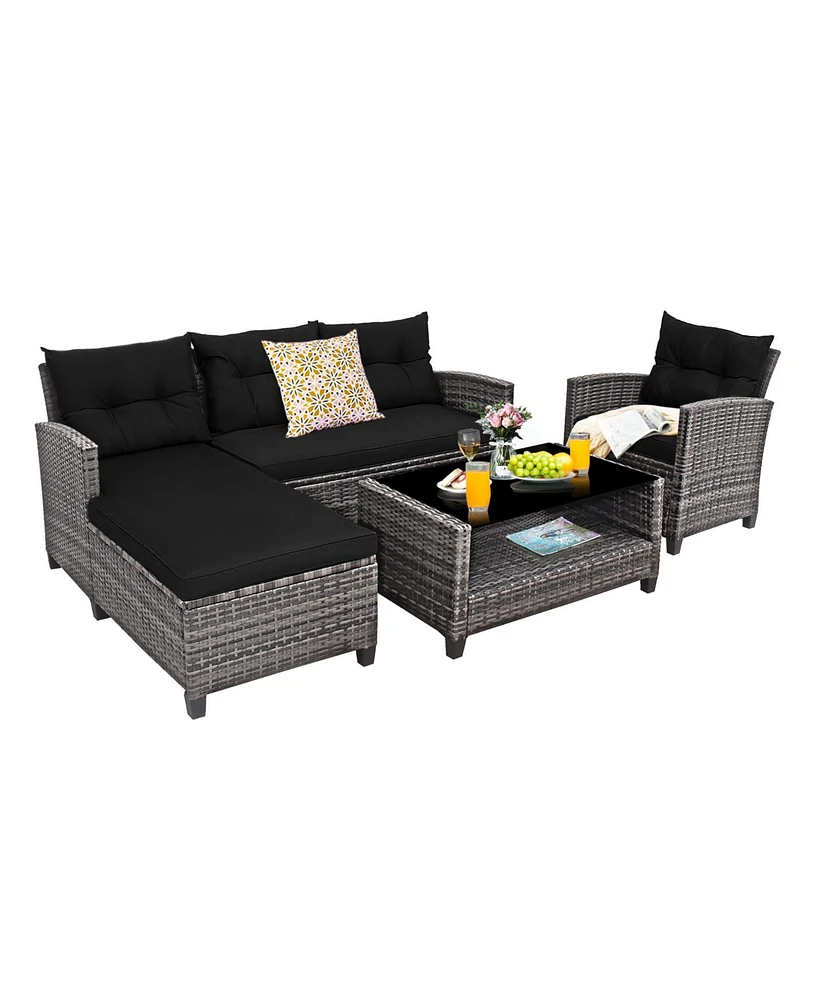 4 Pieces Patio Rattan Sofa Furniture Set with Cushion and 2-Tier Coffee Table