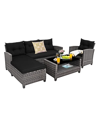 4 Pieces Patio Rattan Sofa Furniture Set with Cushion and 2-Tier Coffee Table