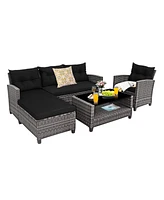 4 Pieces Patio Rattan Sofa Furniture Set with Cushion and 2-Tier Coffee Table