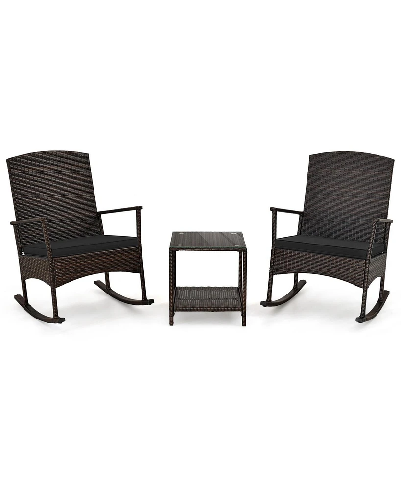 3 Piece Patio Rocking Set Wicker Rocking Chairs with 2-Tier Coffee Table