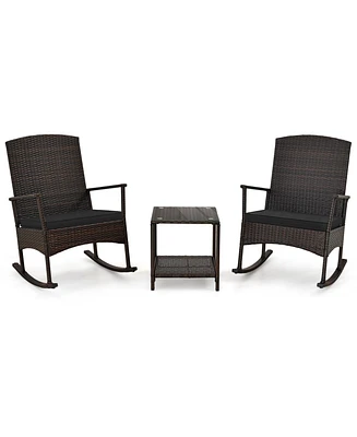 3 Piece Patio Rocking Set Wicker Rocking Chairs with 2-Tier Coffee Table