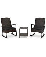 3 Piece Patio Rocking Set Wicker Rocking Chairs with 2-Tier Coffee Table